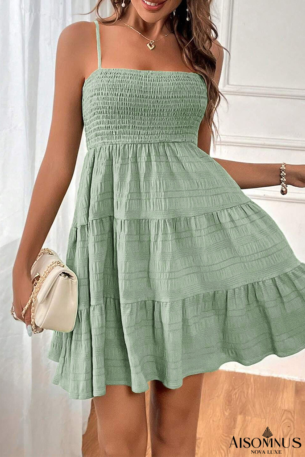 Smoke Green Solid Color Shirred Spaghetti Strap Textured Dress