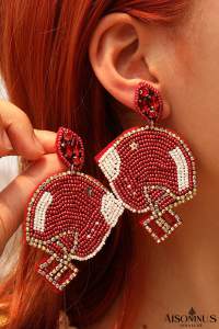 Fiery Red Game Day Rice Beaded Helmet Dangle Earrings