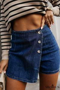 Bluing Asymmetric Wrapped Buttoned High Waist Denim Shorts