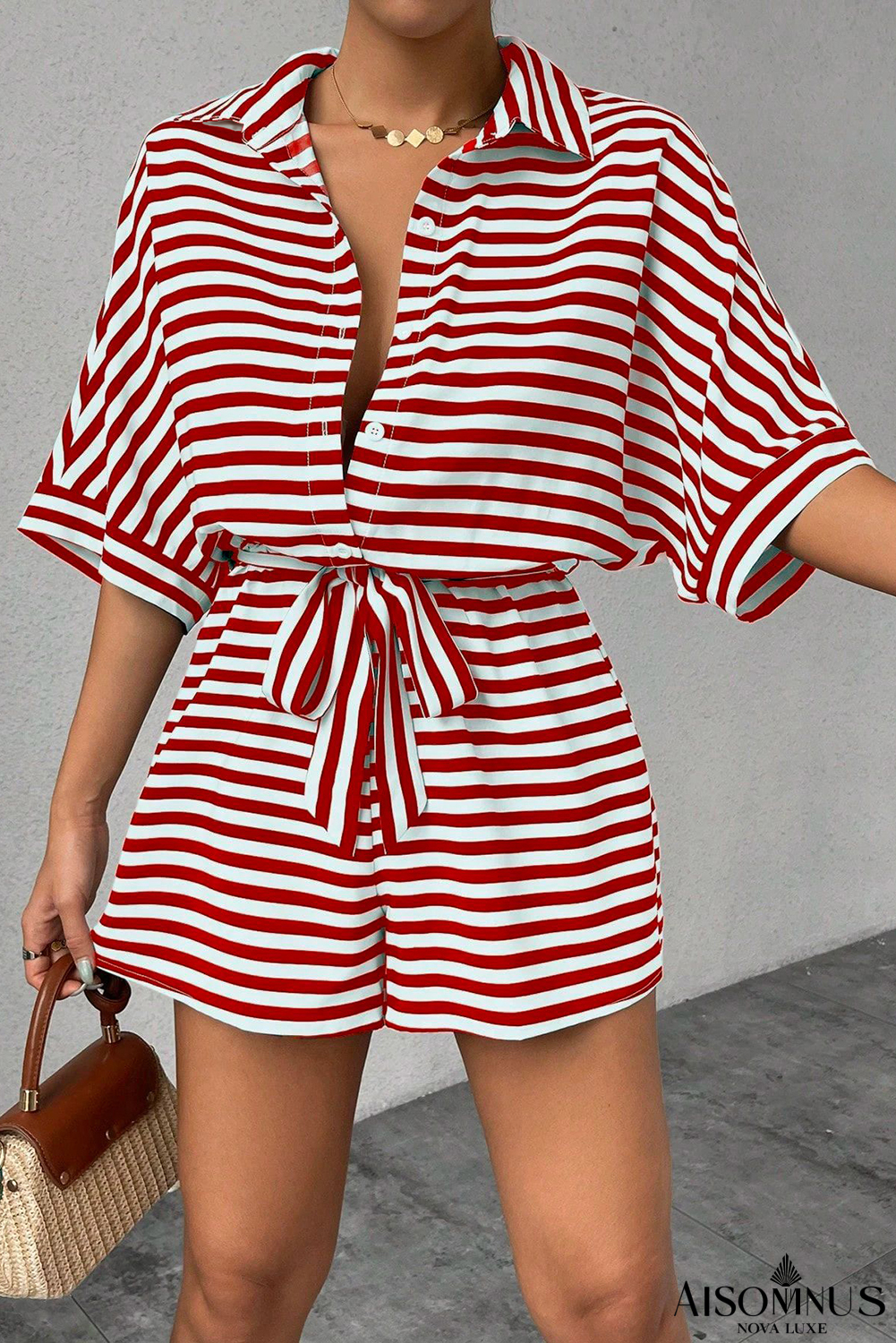 Red Stripe Button Collared Mid Sleeve Belted Romper