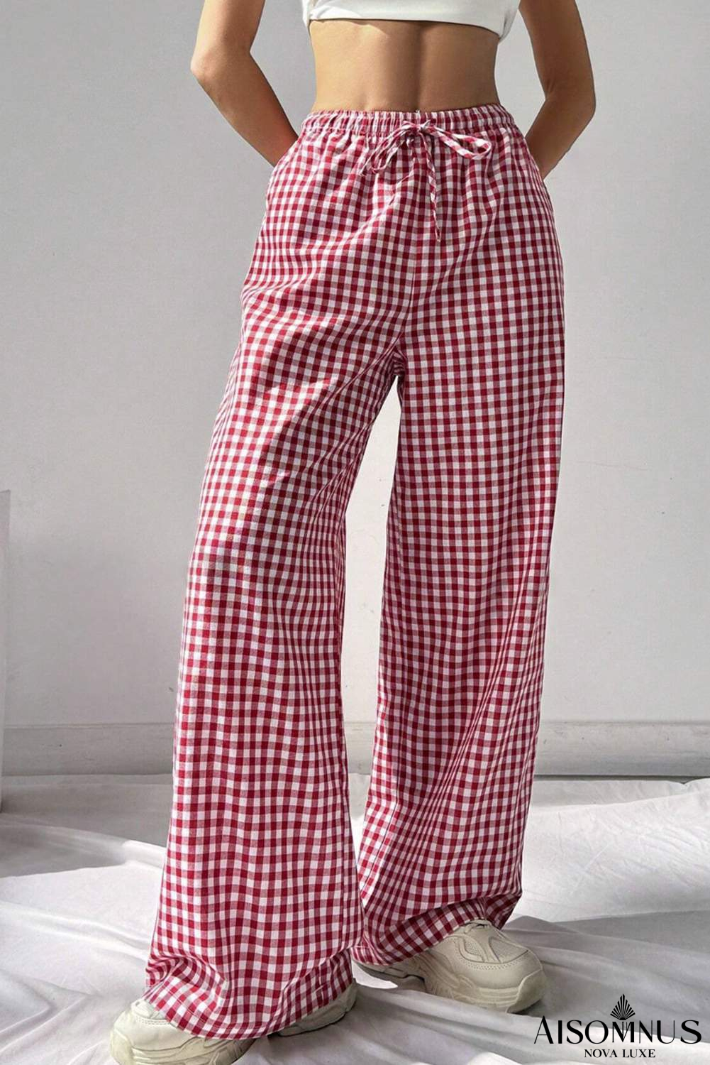 Red Plaid Knot Waist Pocket Casual Pants