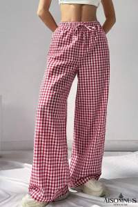 Red Plaid Knot Waist Pocket Casual Pants