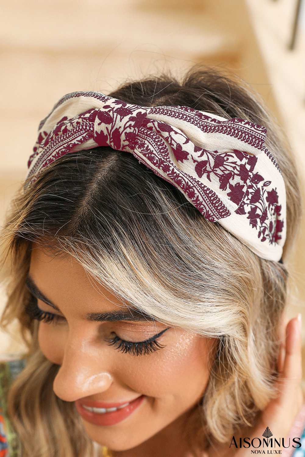 Coral Retro Floral Vine Printed Bow Knot Headband