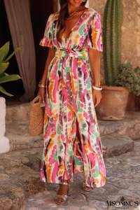 Pink Boho Tie Dye Print V Neck Side Split Maxi Dress