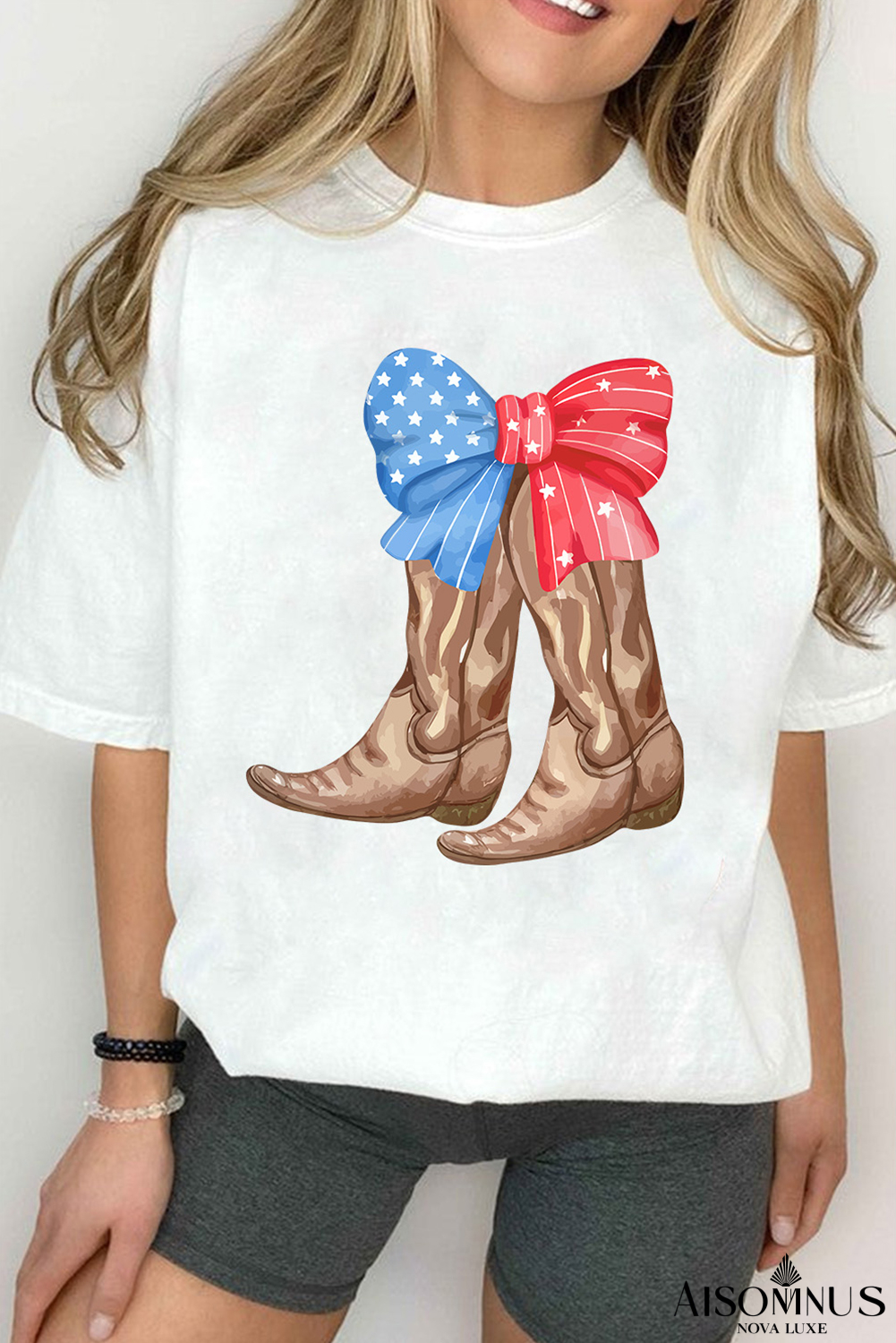 White Independence Day Boots Bow Graphic T Shirt