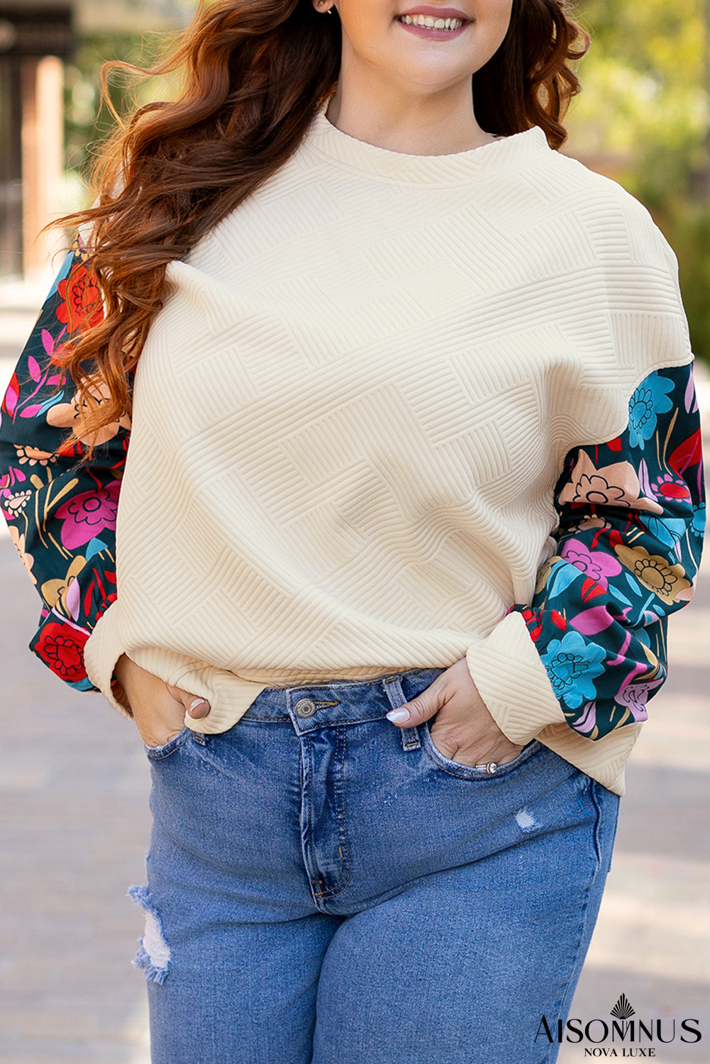 White Floral Patchwork Sleeve Textured Plus Size Pullover Top