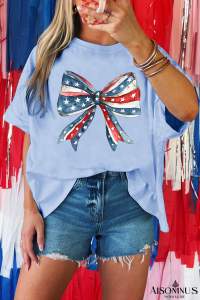 Myosotis July 4th Stars and Striped Bow Print Oversize Tee