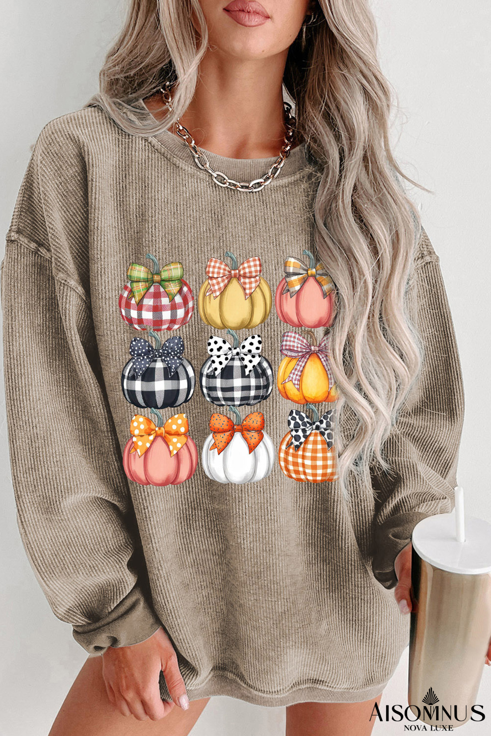 Khaki Trendy Textured Bow Pumpkin Graphic Baggy Sweatshirt