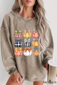 Khaki Trendy Textured Bow Pumpkin Graphic Baggy Sweatshirt