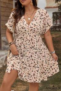 Beige Abstract Print Surplice V Neck Cuffed Sleeve Empire Waist Plus Size Dress
