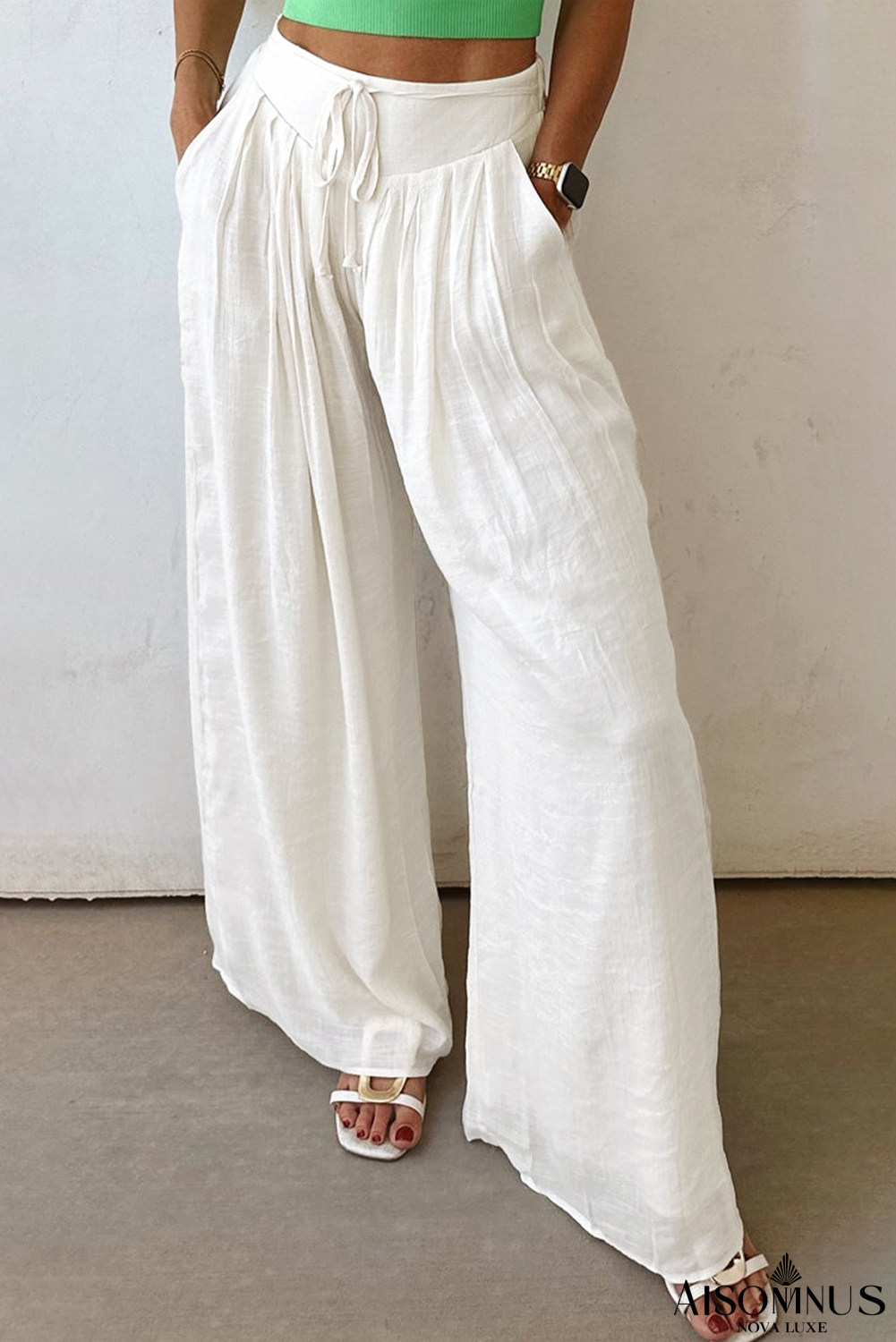White Solid Pleated Loose Wide Leg Pants