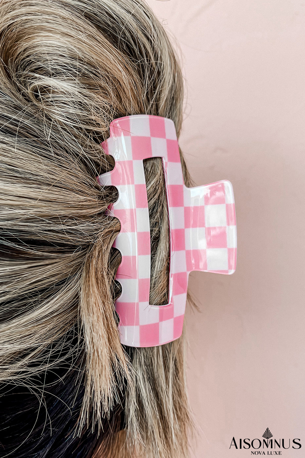 Sachet Pink Checkered Print Hollow Out Hair Clip