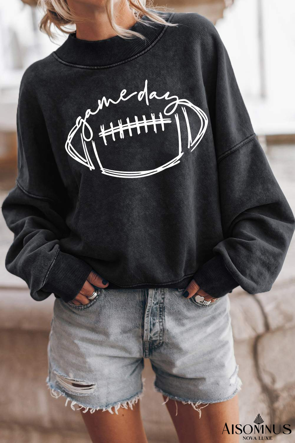 Black Rugby Game Day Graphic Pullover Sweatshirt