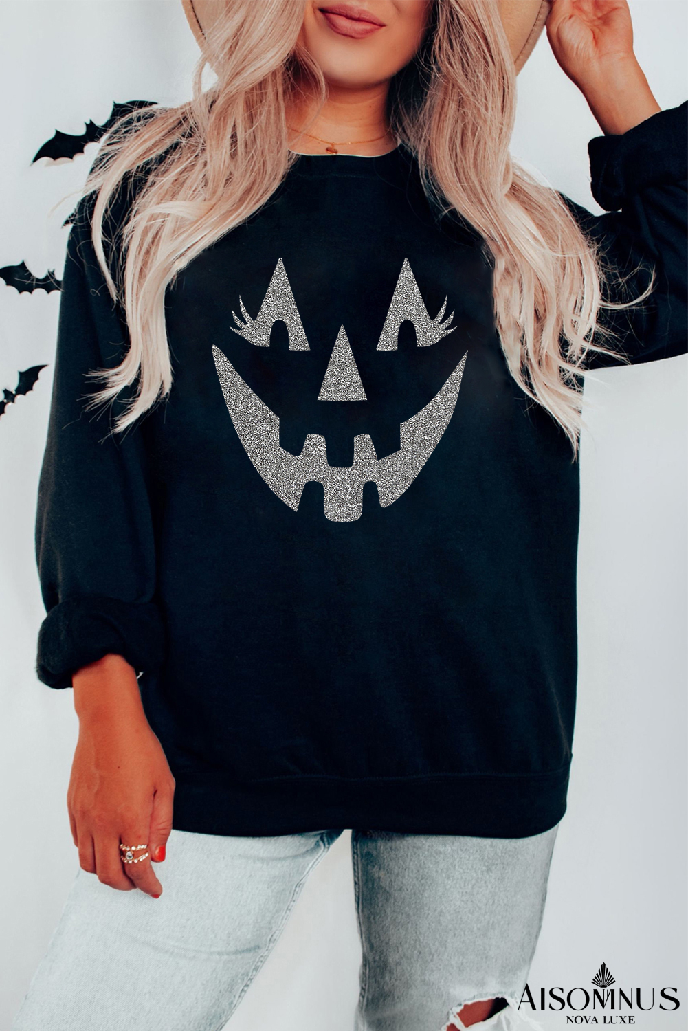 Black Spooky Halloween Graphic Baggy Sweatshirt