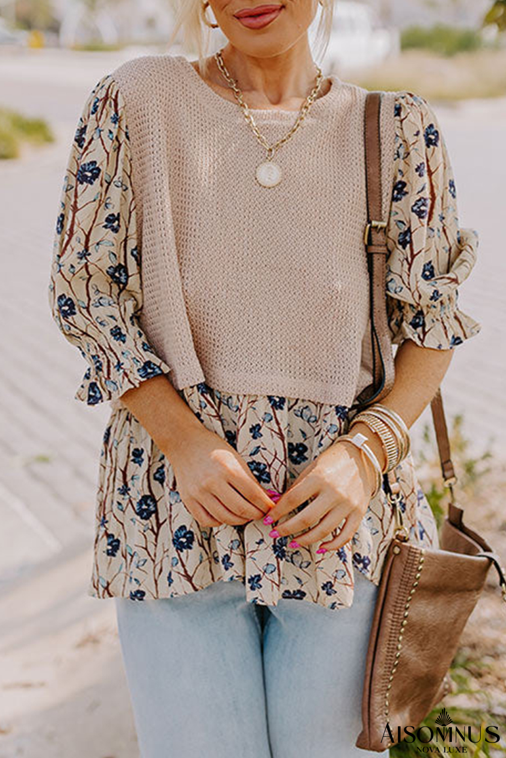 Beige Faux Two Piece Knit Patchwork Floral Plus Size Top