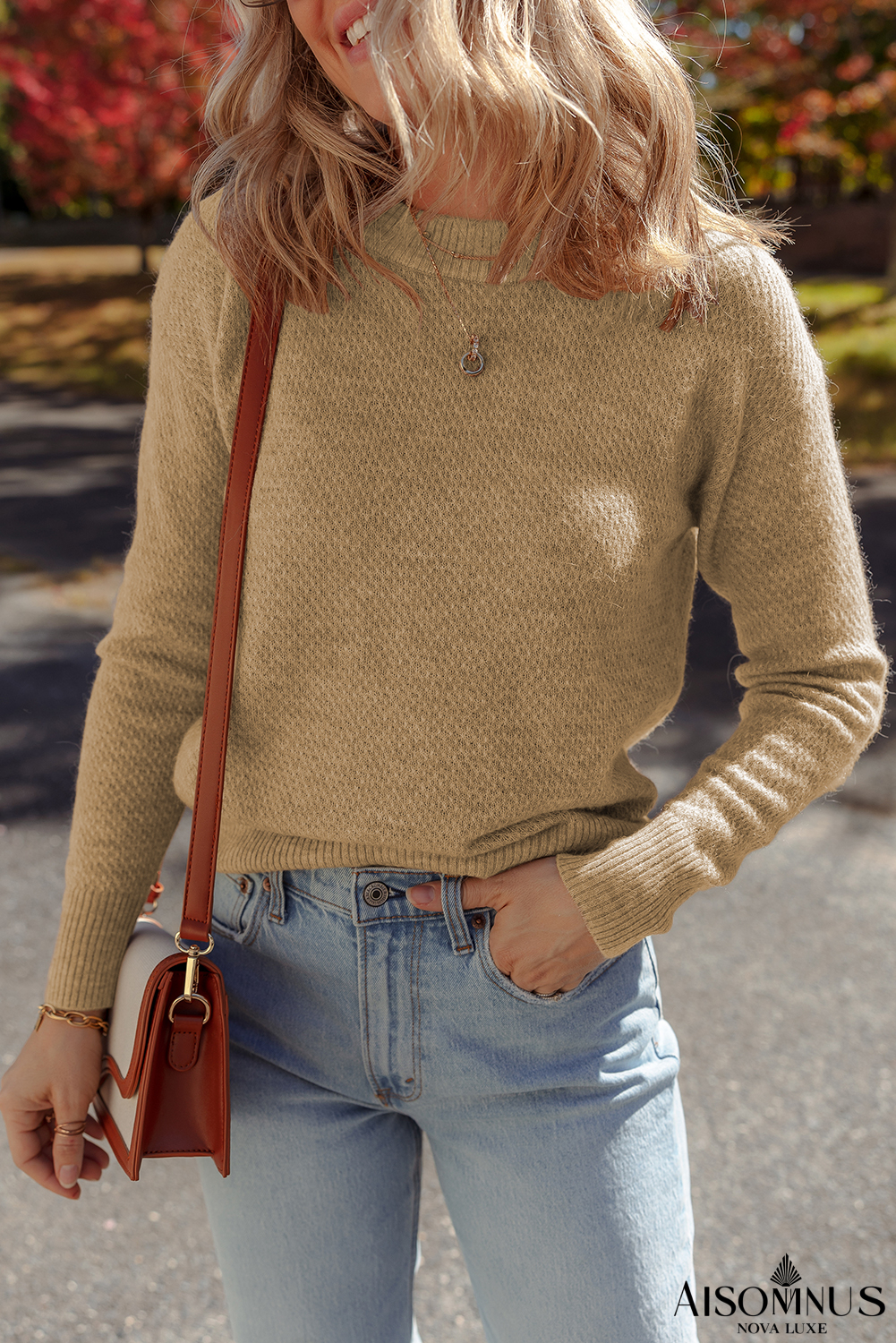 Straw Yellow Brushed Knit Casual Fitted Sweater