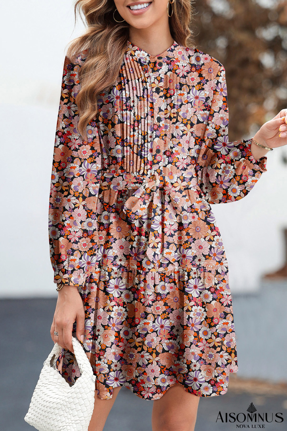 Multicolour Floral Print Pleated Detail Bleted Long Sleeve Mini Dress