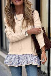 Beige Bohemian Floral Ruffle Hem Patchwork Knit Sweater