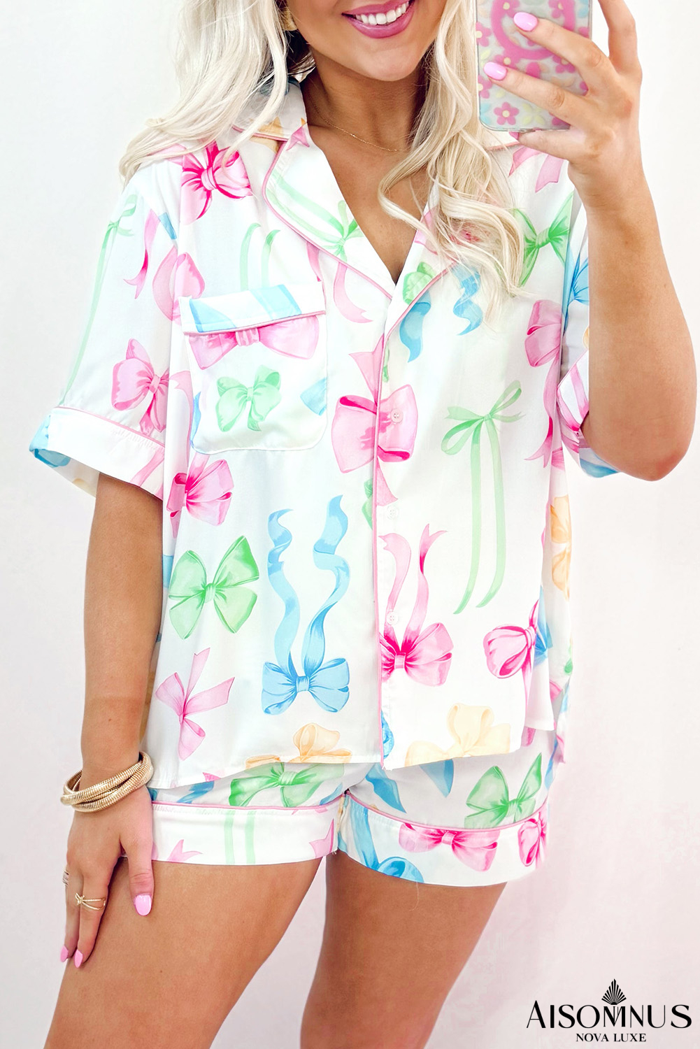 White Bowknot Print Buttoned Shirt and Shorts Pajama Set