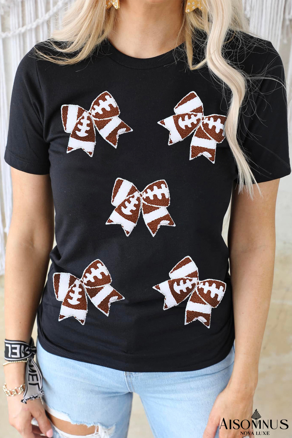 Black Game Day Football Bowknot Graphic T Shirt