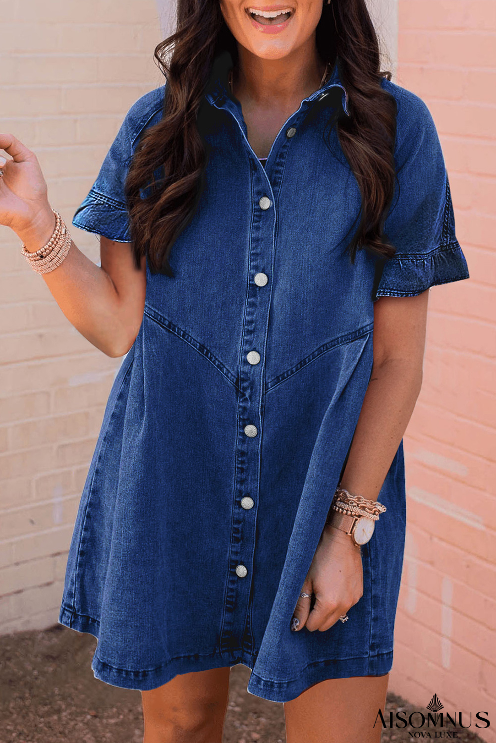 Dark Blue Short Sleeve Button Up Loose Denim Shirt Dress