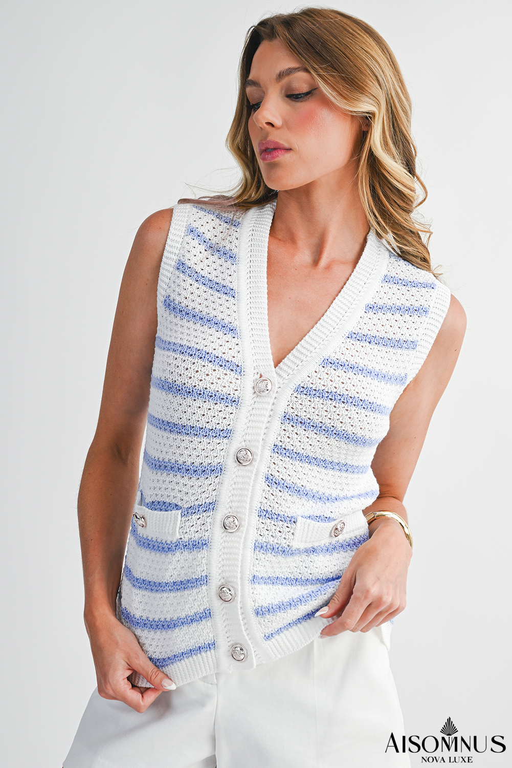 Sky Blue Striped V Neck Button Knit Vest