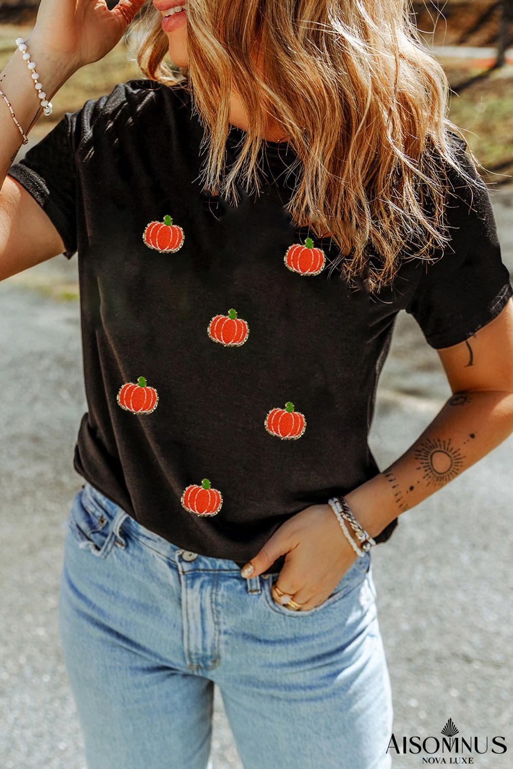 Black Chenille Pumpkin Patched Casual Cotton Blend T Shirt
