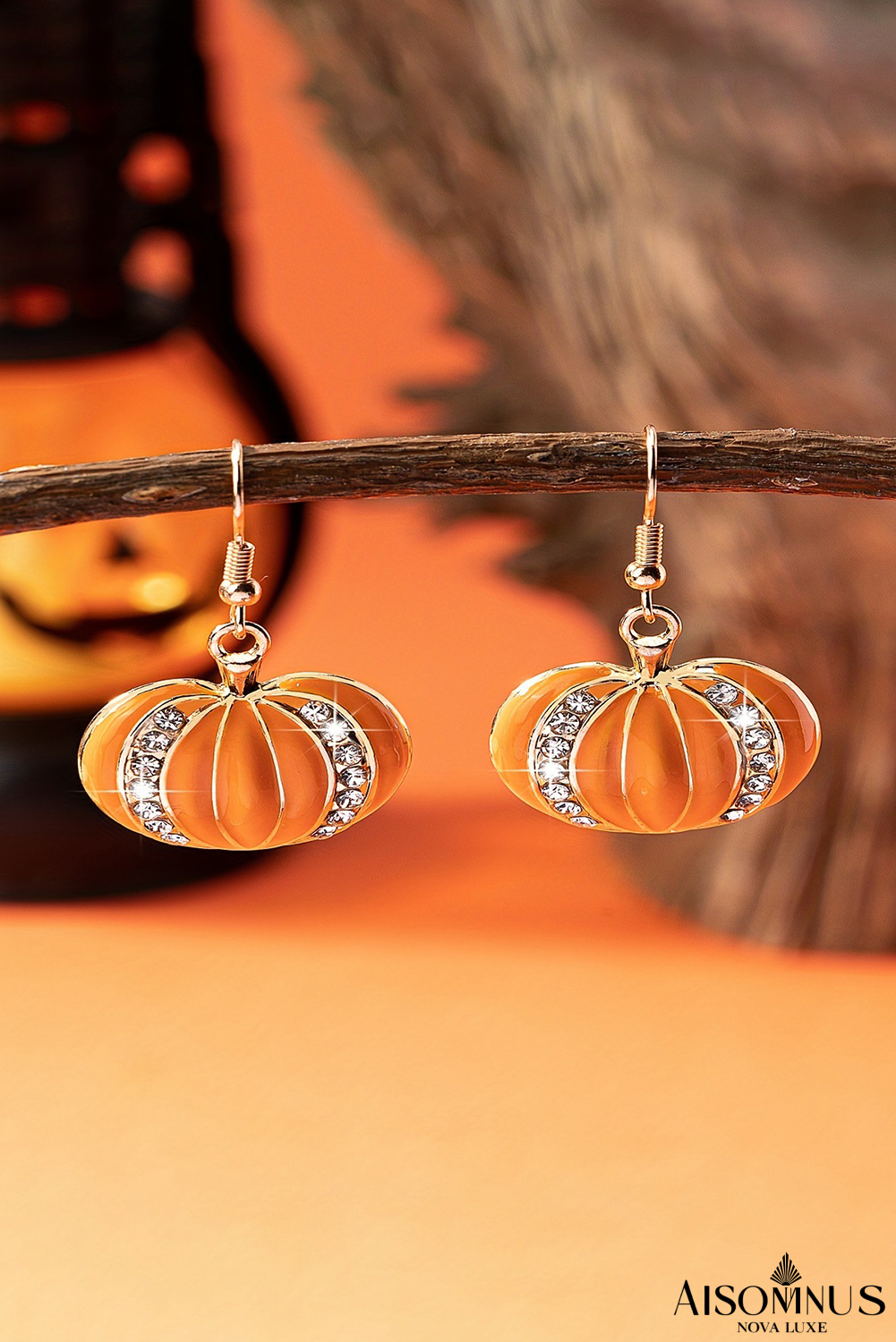 Orange Halloween Rhinestone Pumpkin Hook Earrings