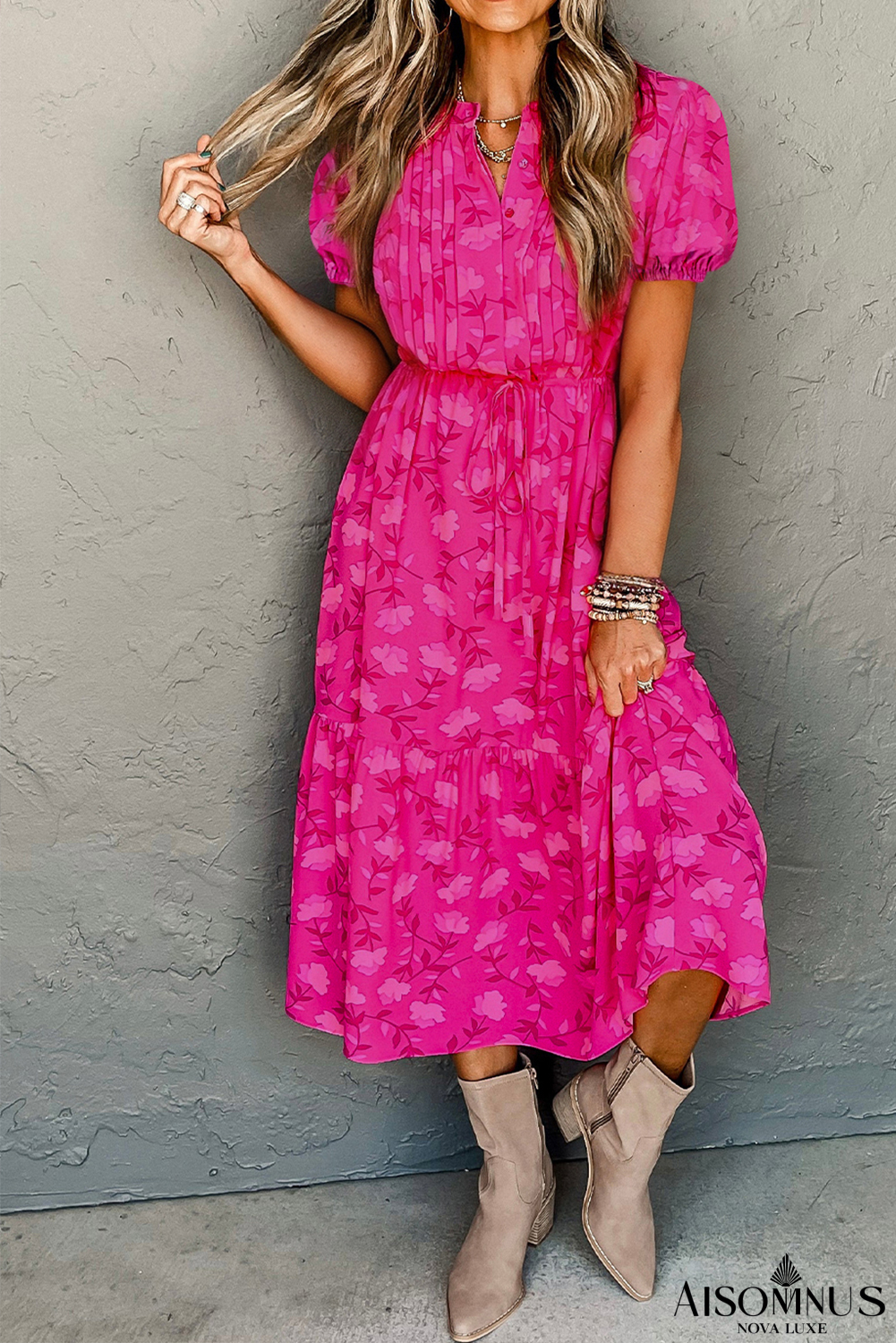 Rose Red Pleated Lace-up High Waist Puff Sleeve Floral Midi Dress
