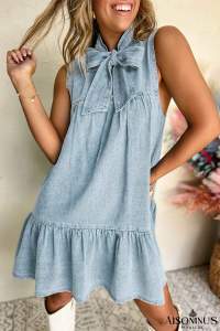 Beau Blue Bowknot Neck Ruffle Sleeveless Mini Dress