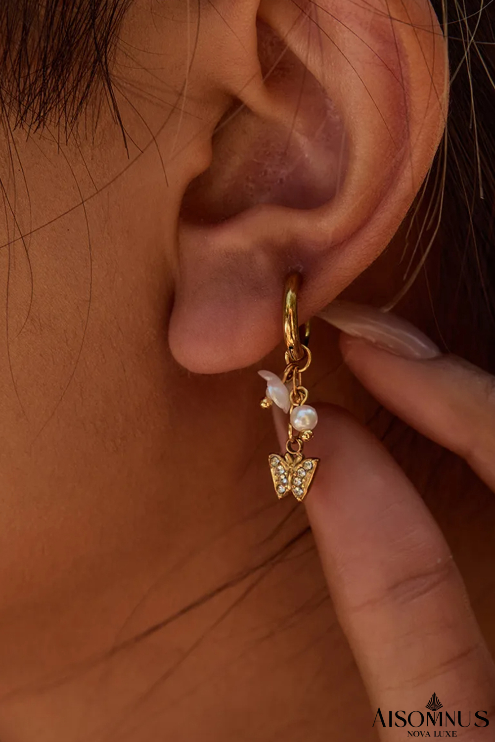 Gold Flower and Rhinestone Butterfly Drop Earrings