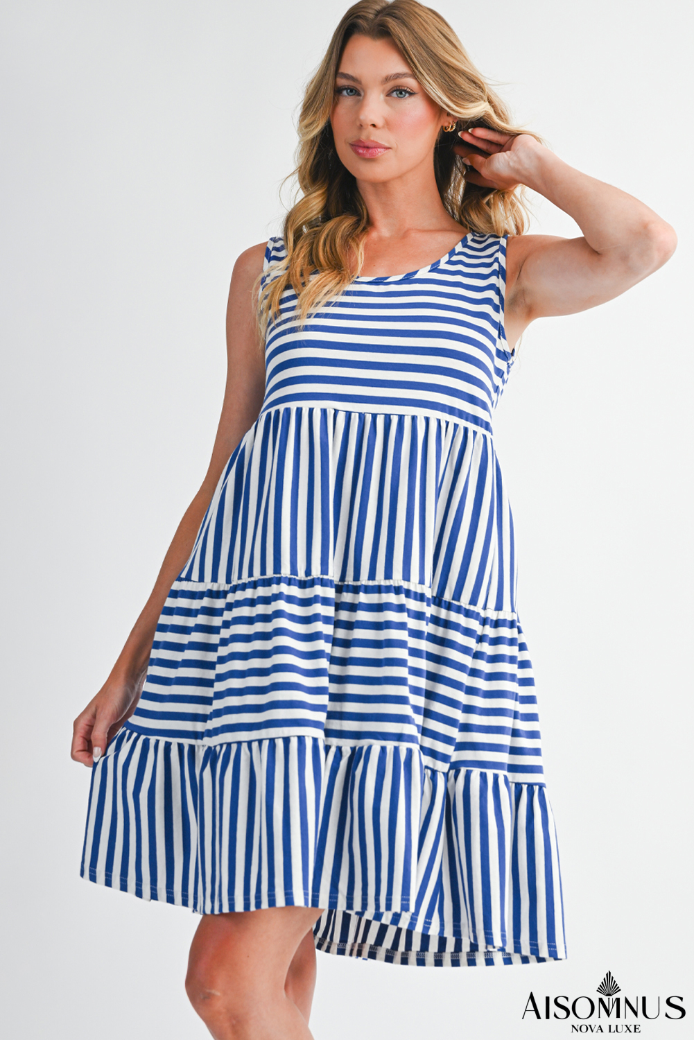 Sky Blue Striped U Neck Sleeveless Loose Fit Mini Dress
