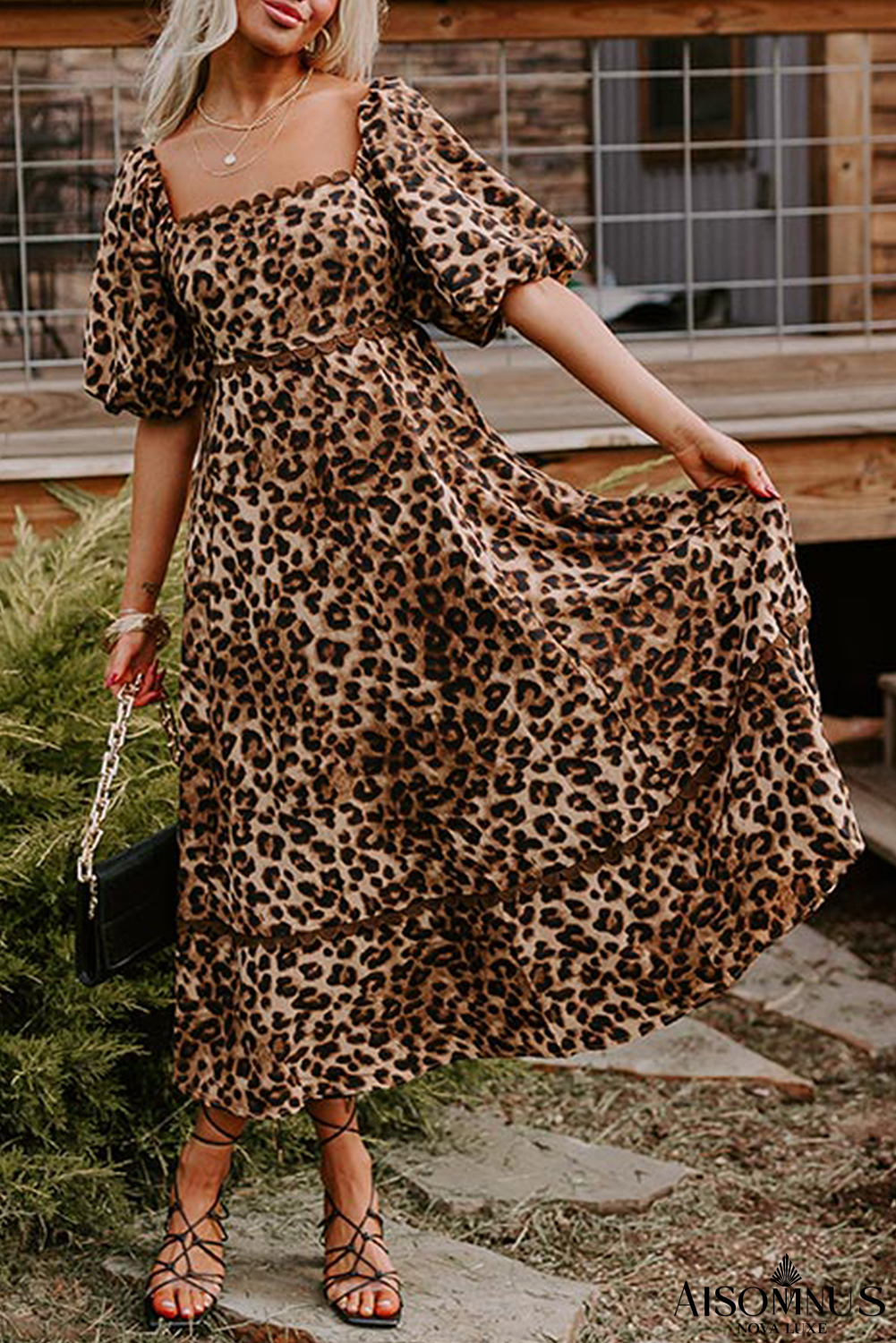 Brown Leopard Print Puff Sleeve Ricrac Maxi Dress