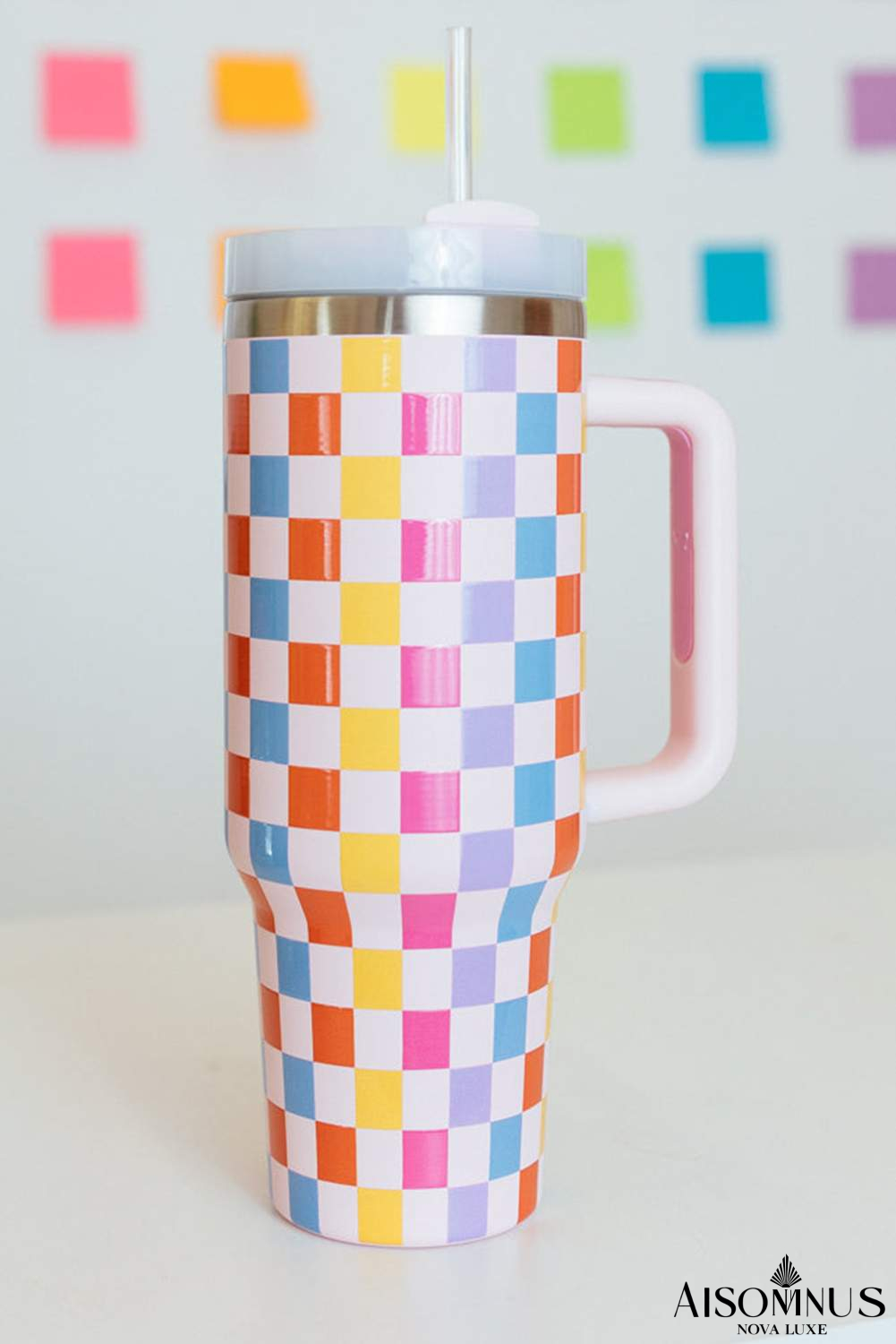 Red 40oz Colorful Checkered Print Handle Vacuum Tumbler Cup