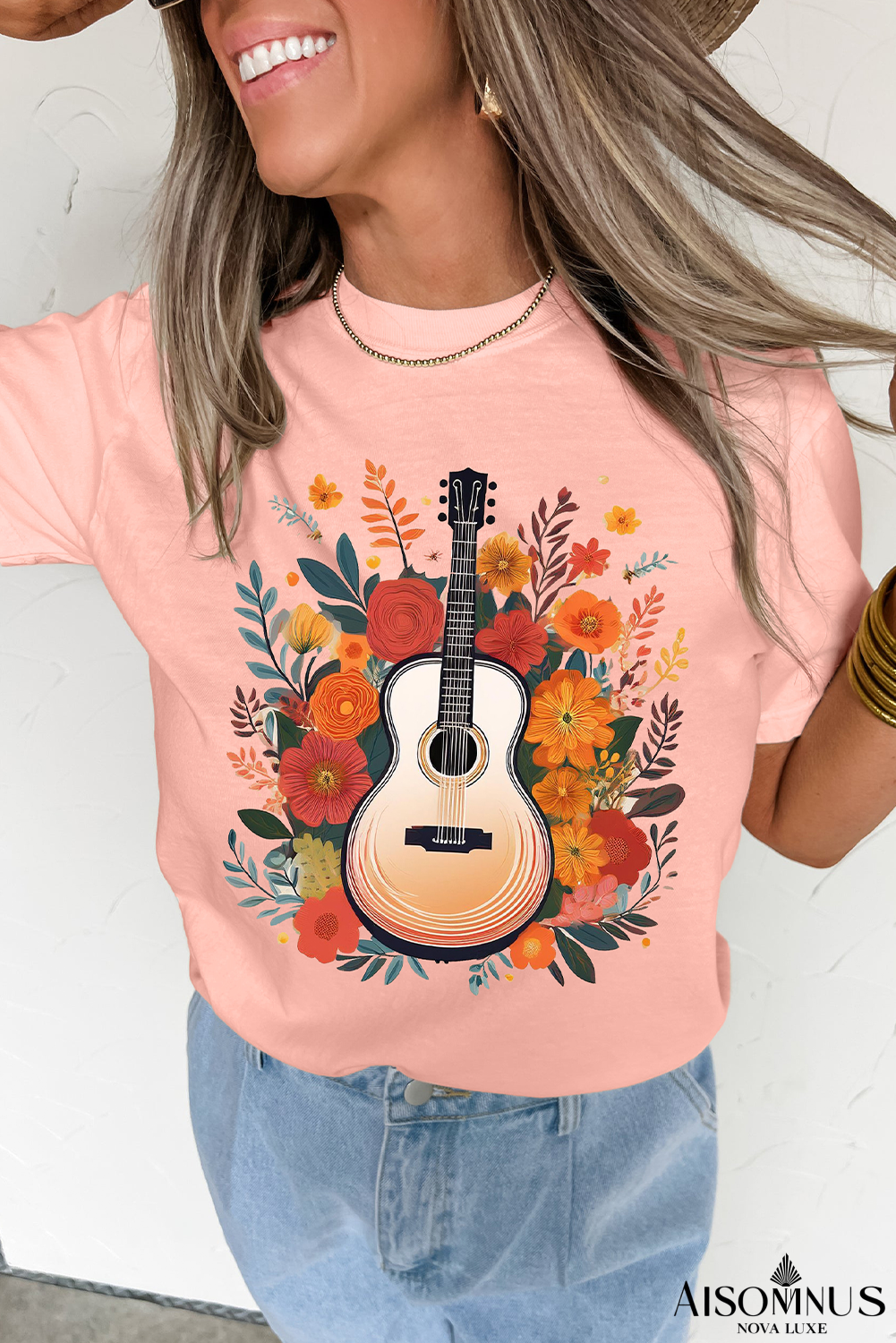 Pink Guitar Flower Graphic Crew Neck Loose T Shirt