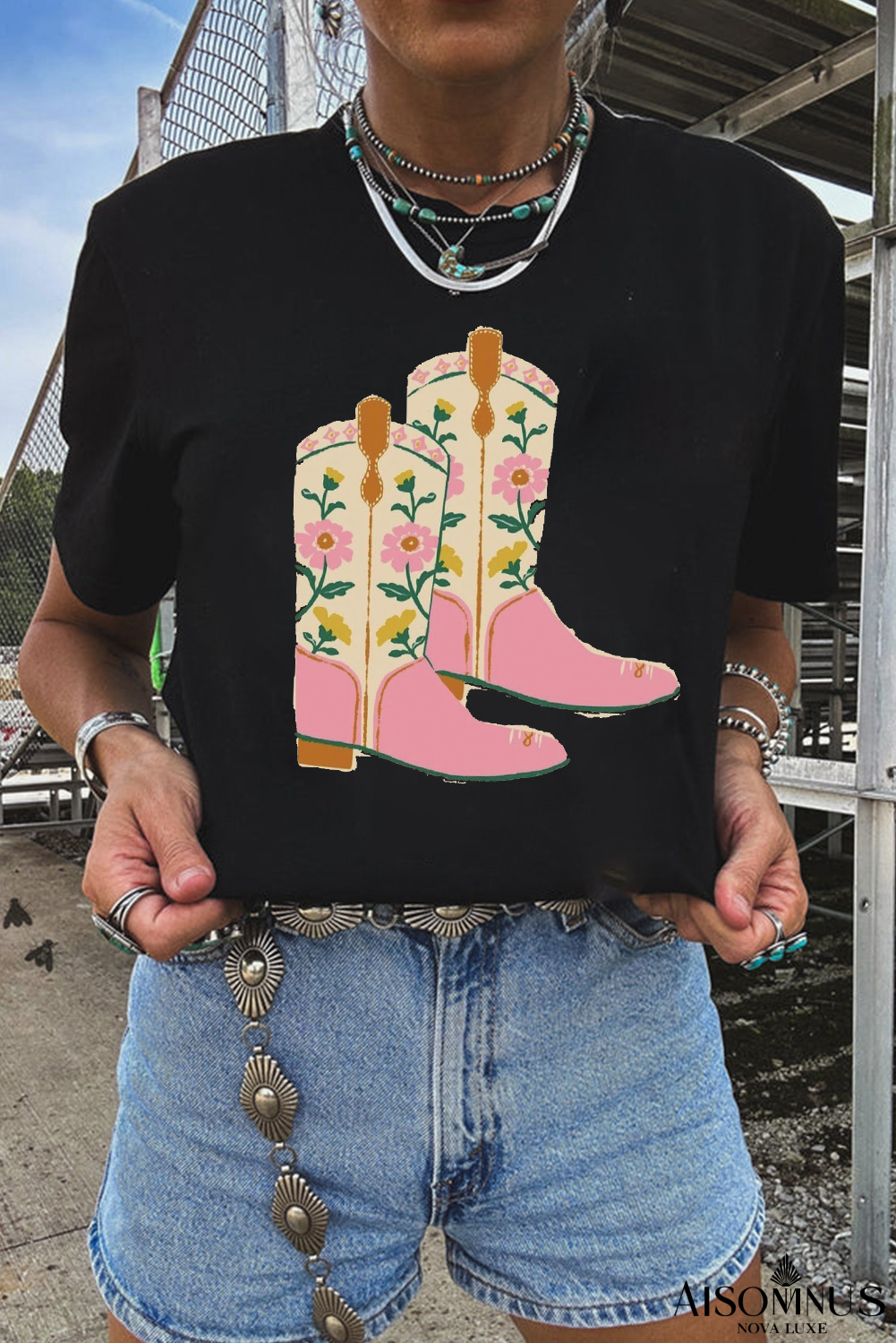 Black Floral Boots Graphic T Shirt