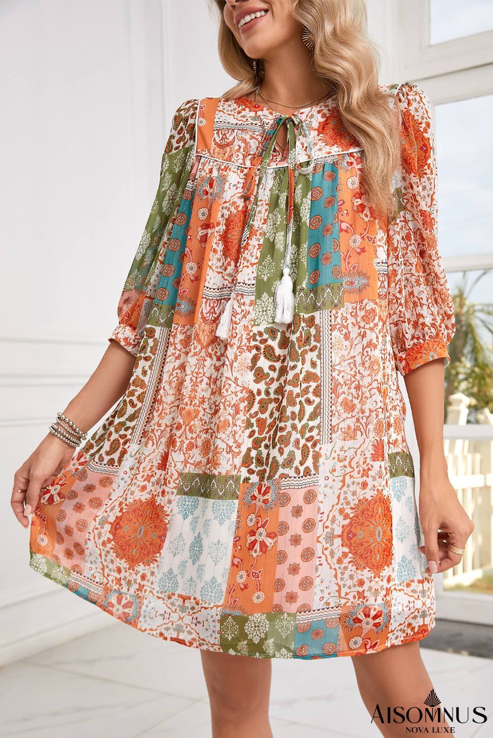 Orange Boho Paisley Mixed Print 3/4 Sleeve Chiffon Loose Dress