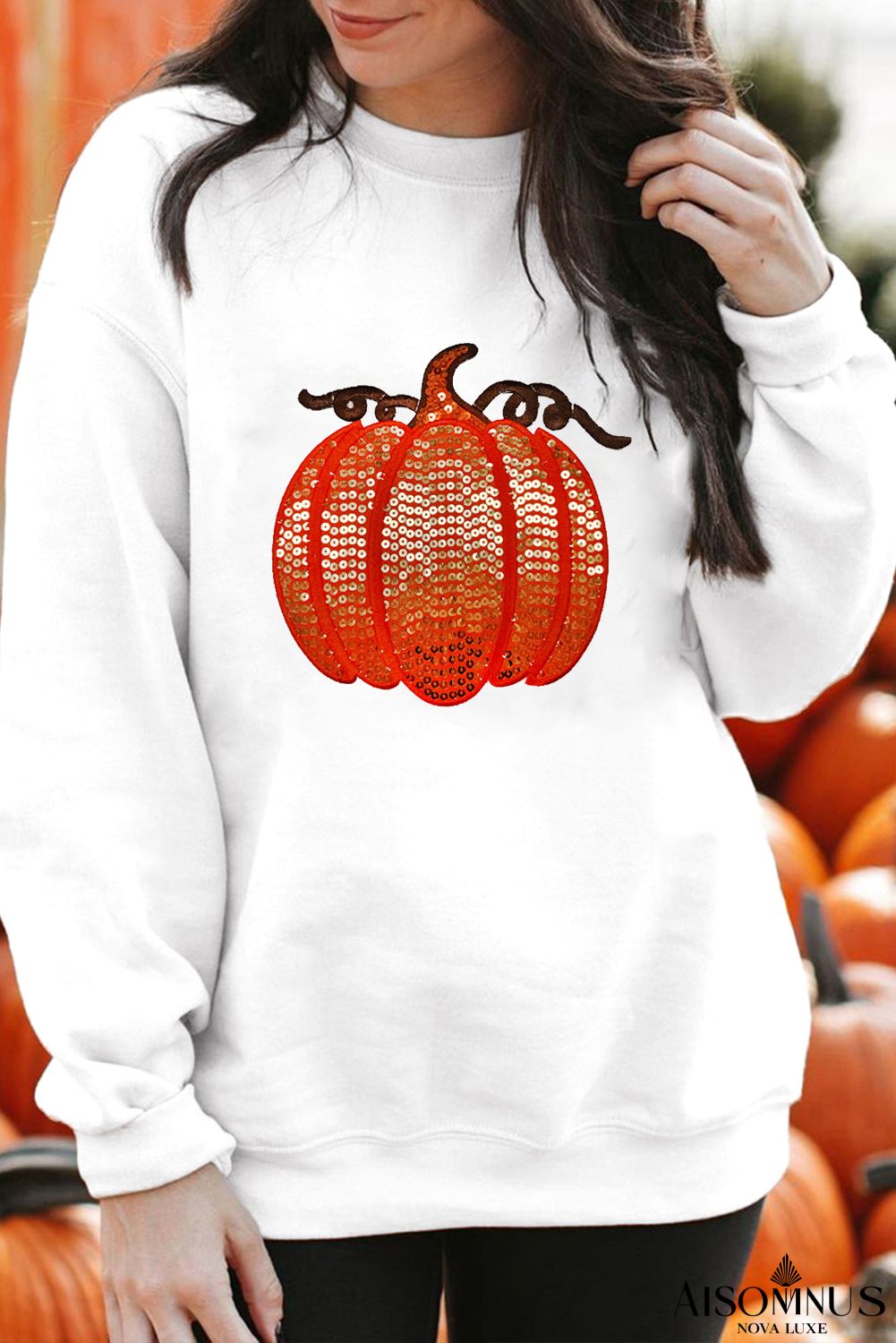White Sequin Pumpkin Patched Casual Pullover Graphic Sweatshirt