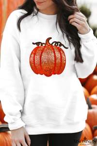 White Sequin Pumpkin Patched Casual Pullover Graphic Sweatshirt