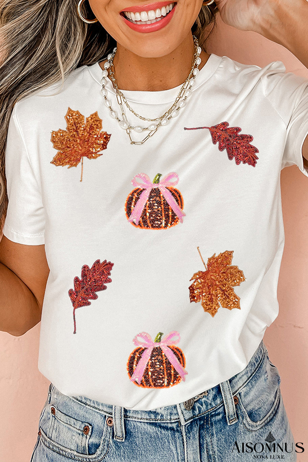 White Sequined Pumpkin Leaves Fall Vibe Graphic T Shirt
