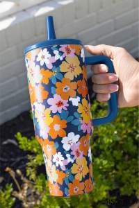 Sky Blue Floral Print Tumbler Cup with Straw