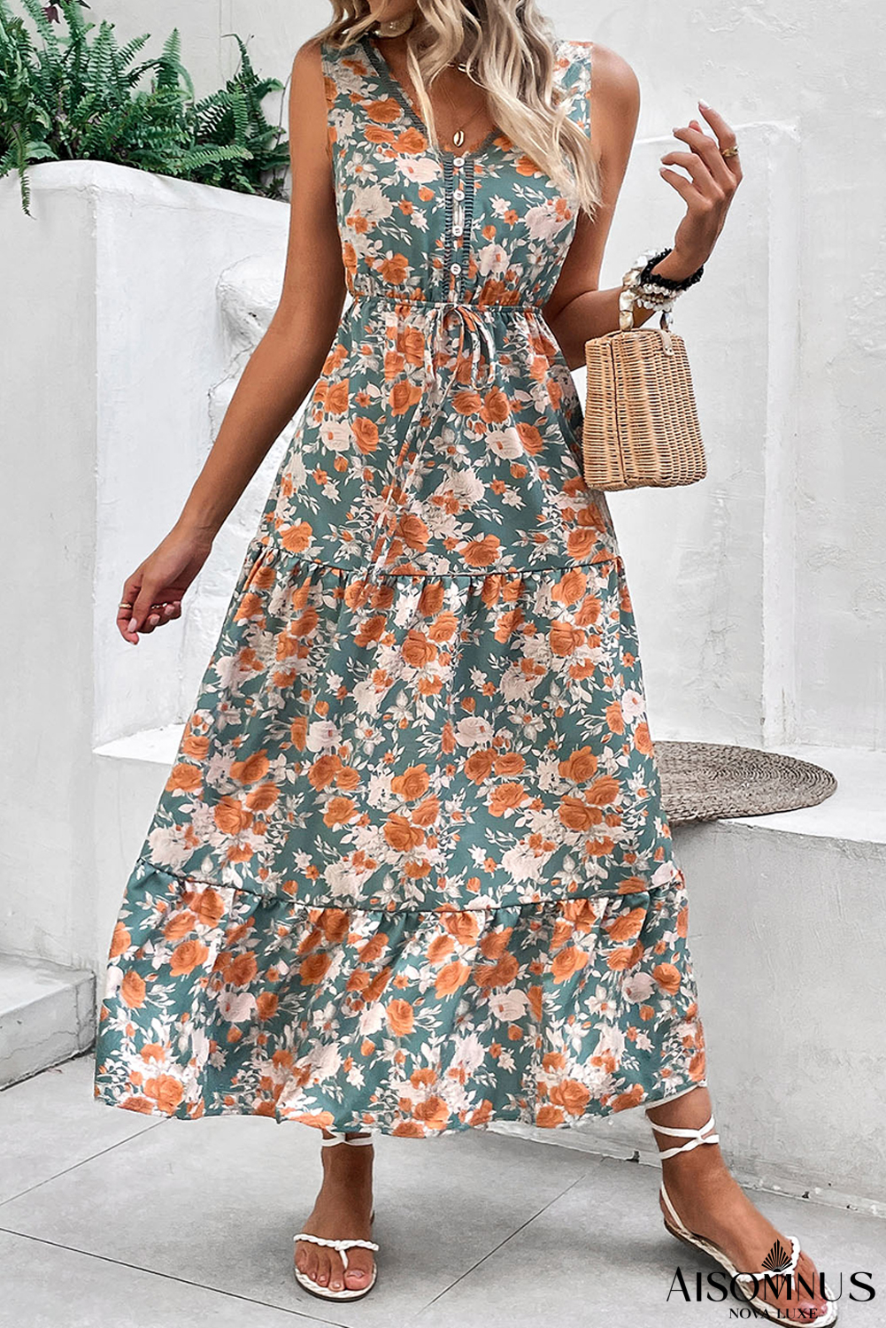 Green Floral Print Trimmed V Neck Sleeveless Vacation Dress