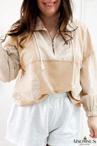 Khaki Stripe Patchwork Pocket Plus Size Long Sleeve Top