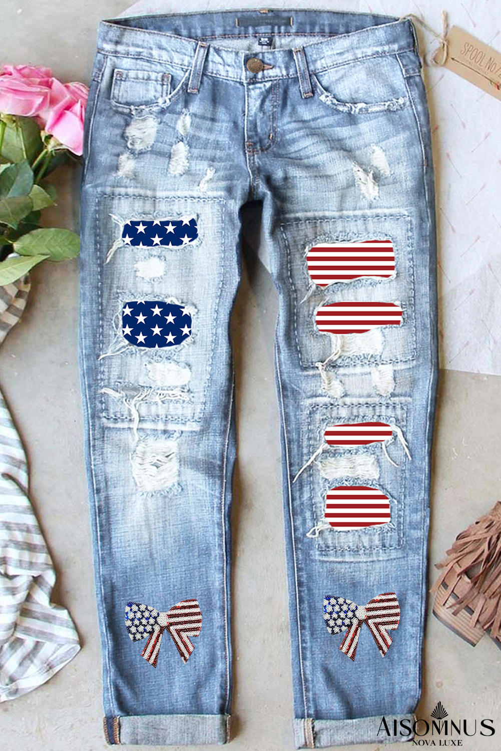 Light Blue Stars and Stripes Bow Patched Distressed Straight Jeans