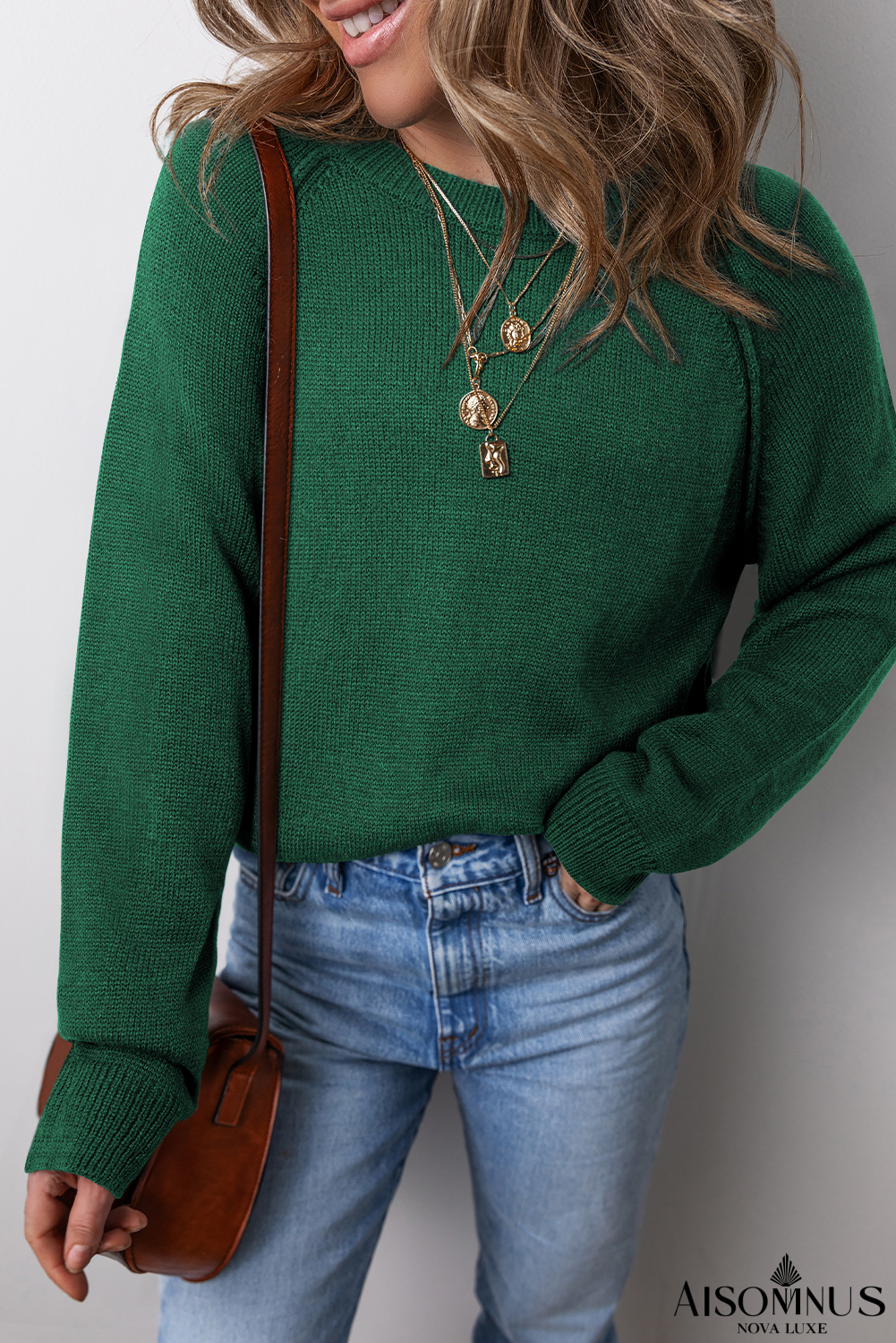 Evergreen Plain Raglan Sleeve Crew Neck Sweater