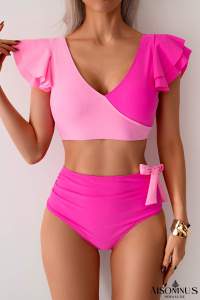 Rose Red Color Block Ruffle V Neck Bikini Set