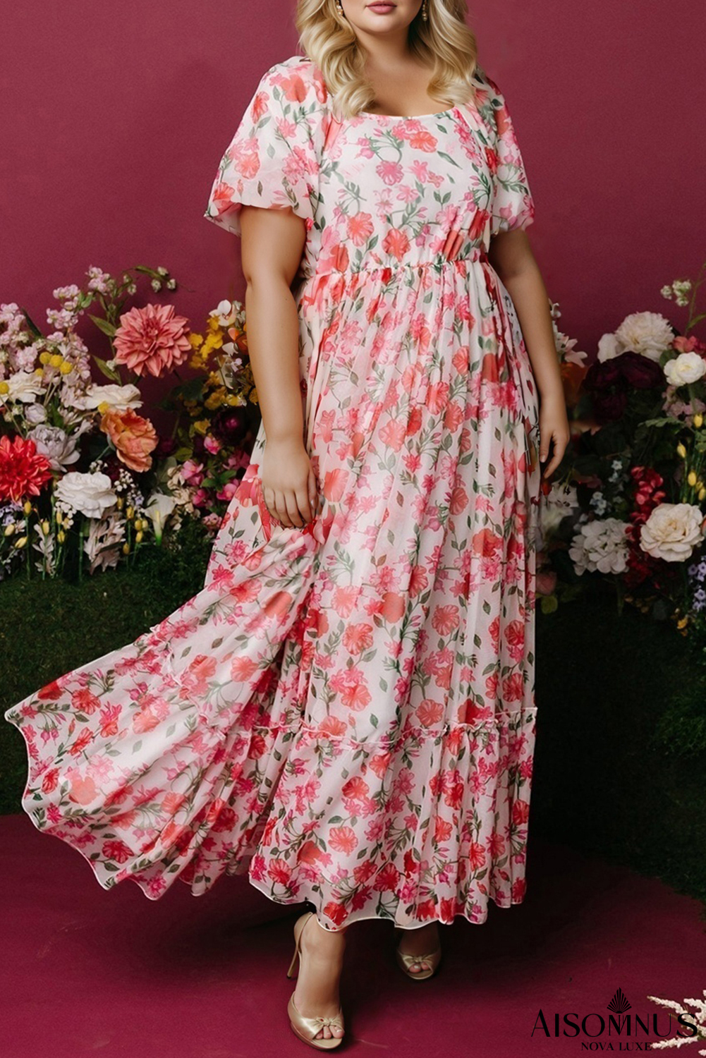 Pink Plus Size Floral Square Neck Puff Sleeve Ruffle Maxi Dress