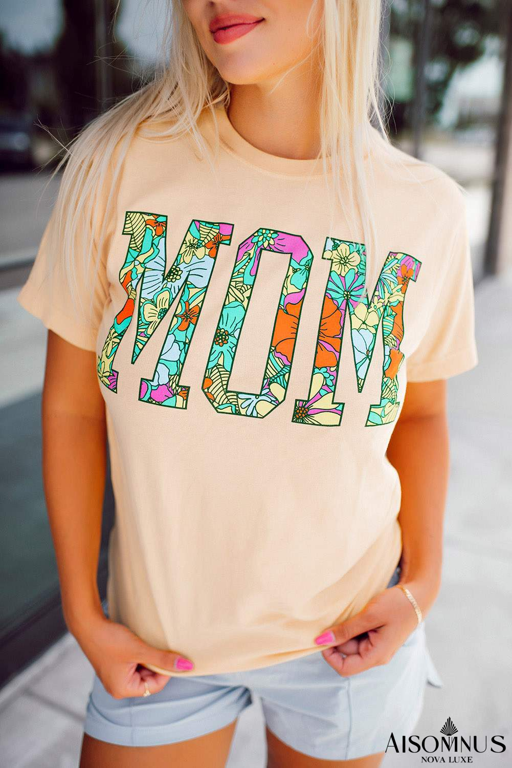 Khaki Basic MOM Floral Letter Print T Shirt