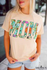 Khaki Basic MOM Floral Letter Print T Shirt