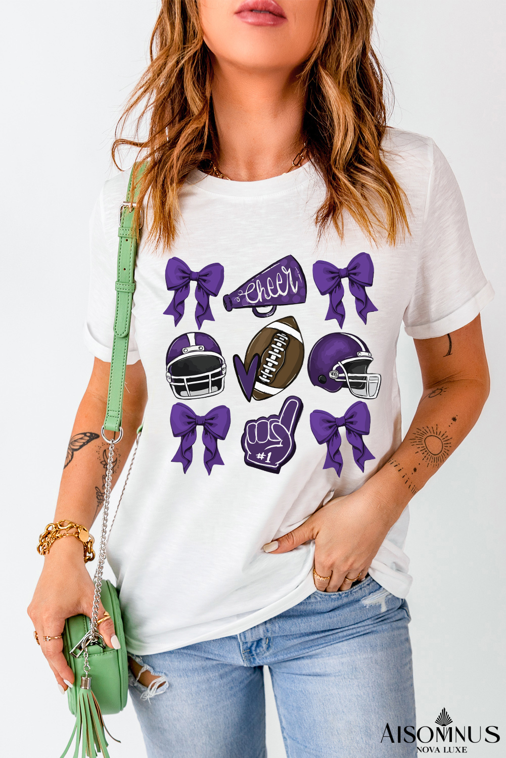 White Game Day Rugby Cheer Helmet Bow Graphic Tee